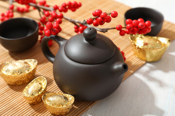 Obraz na płótnie Canvas Concept of hot drink, asian tea accessories