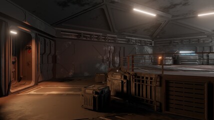 Door in control room science fiction in dark scene 3d rendering sci-fi wallpaper backgrounds