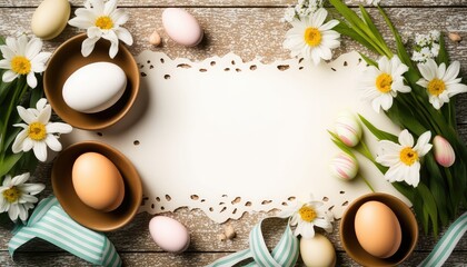 Fototapeta na wymiar Easter composition, eggs and flower on table