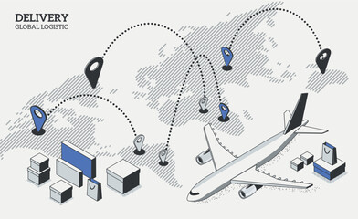 International logistic company worldwide operations with cargo distribution shipment and transportations. Isometric projection with a plane, parcels, and a map with locations