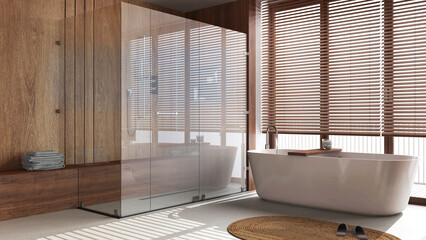 Minimalist wooden bathroom in white and beige tones. Freestanding bathtub and shower with glass...