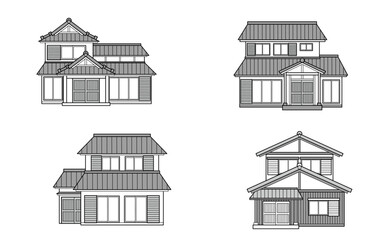 モノクロの日本家屋のイラストセット