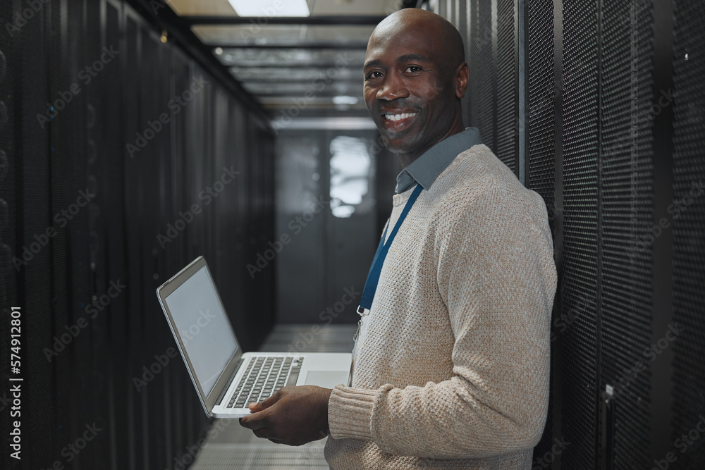 Aufkleber Server room, laptop and man portrait or technician for data center, system and cybersecurity code. Happy African programmer or programming person in information technology, ethernet or power solution
