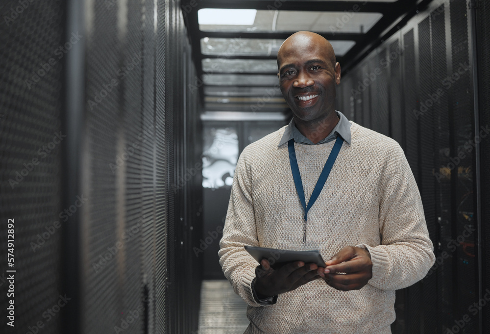Poster Data center, tablet or black man portrait or technician for system cybersecurity code in server room. Happy, face or male programmer or programming in information technology or digital transformation