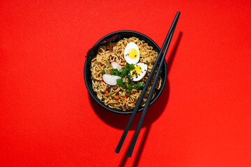 Concept of instant food, instant noodles, top view
