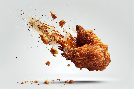 Delicious fried chicken with spicy sauce hot and spicy falling on white background, image ai generate