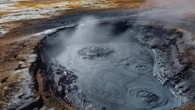 Active volcanic area near Myvatn lake, North Iceland with fumarole in aerial view