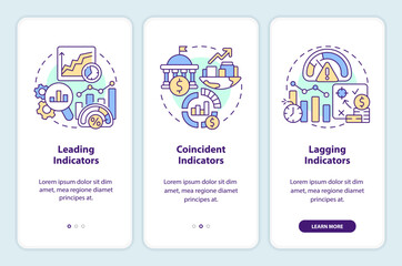 Obraz na płótnie Canvas Types of economic indicators onboarding mobile app screen. Analytics walkthrough 3 steps editable graphic instructions with linear concepts. UI, UX, GUI template. Myriad Pro-Bold, Regular fonts used