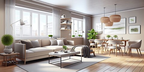 Stylish scandinavian living room with design mint sofa, furnitures, mock up poster map, plants and elegant personal accessories. Modern home decor. Bright and sunny room. Generative AI illustration.