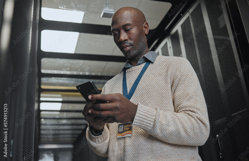 Poster phone, search or it black man in data center for research, communication or typing in dark server ro