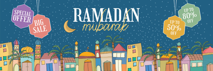 A social media post for ramadan mubarak with a colorful cityscape and a banner for ramadan sale
