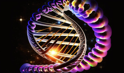 The Beauty of Science: A Realistic Image of DNA Strand with Stars from a Vibrant Galaxy