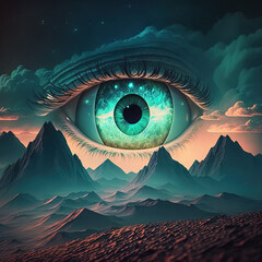 land covered with eyes, night time, bright aurora in the sky