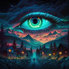 land covered with eyes, night time, bright aurora in the sky