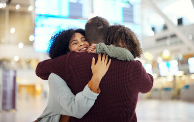 Travel, family and hug in airport, reunion and happiness for international trip, getaway and...