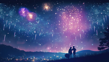 Fototapeta na wymiar A Romantic Night: A Couple on a Hill, with a Breathtaking View of a Starry Sky, Shiny Moon, and Fireworks Display