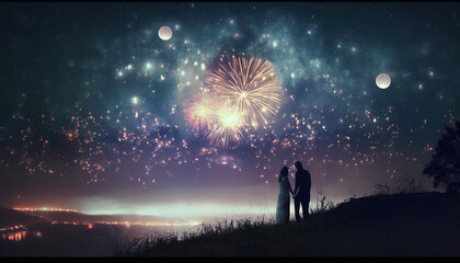 A Romantic Night: A Couple on a Hill, with a Breathtaking View of a Starry Sky, Shiny Moon, and Fireworks Display