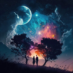 A Romantic Night: A Couple on a Hill, with a Breathtaking View of a Starry Sky, Shiny Moon, and Fireworks Display