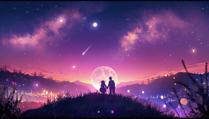 A Romantic Night: A Couple on a Hill, with a Breathtaking View of a Starry Sky, Shiny Moon, and Fireworks Display