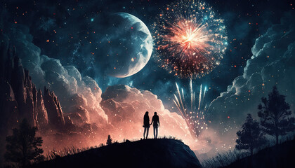 A Romantic Night: A Couple on a Hill, with a Breathtaking View of a Starry Sky, Shiny Moon, and Fireworks Display