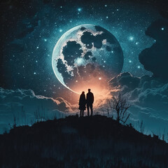 A Romantic Night: A Couple on a Hill, with a Breathtaking View of a Starry Sky, Shiny Moon, and Fireworks Display