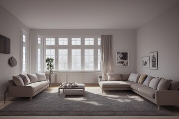 Fototapeta premium Stylish scandinavian living room with design mint sofa, furnitures, mock up poster map, plants and elegant personal accessories. Modern home decor. Bright and sunny room. Generative AI illustration.