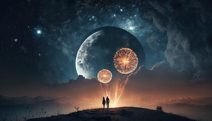 A Romantic Night: A Couple on a Hill, with a Breathtaking View of a Starry Sky, Shiny Moon, and Fireworks Display