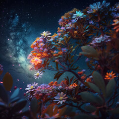 Floral Night Sky: A Stunning View of Shiny and Colourful Flowers Under a Starry Sky