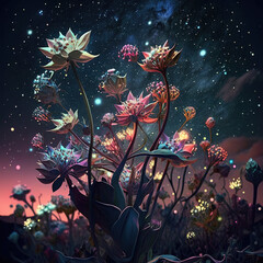 Floral Night Sky: A Stunning View of Shiny and Colourful Flowers Under a Starry Sky