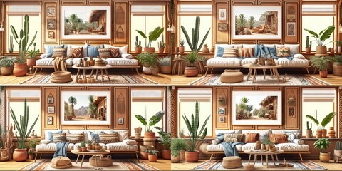 Stylish scandinavian living room with design mint sofa, furnitures, mock up poster map, plants and elegant personal accessories. Modern home decor. Bright and sunny room. Generative AI illustration.