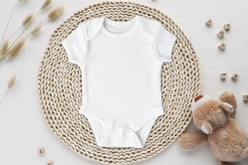 White newborn bodysuit mockup for baby or pregnancy announcement, design presentation, top view, neutral colors bohemian style flat lay.