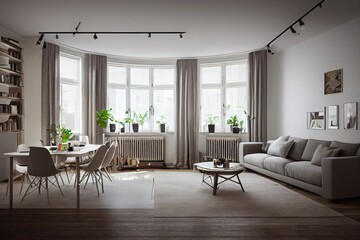 Naklejka na ściany i meble Stylish scandinavian living room with design mint sofa, furnitures, mock up poster map, plants and elegant personal accessories. Modern home decor. Bright and sunny room. Generative AI illustration.