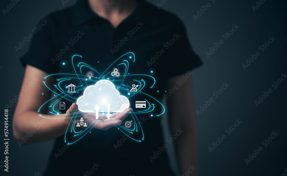 Poster the cloud is on the woman's hand. data transfer concept using internet technology. online access to 