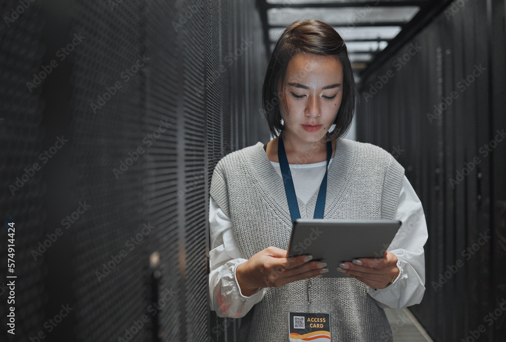 Poster Tablet, server room and cloud computing with a programmer asian woman at work on a mainframe. Software, database and information technology with a female coder working alone on a cyber network