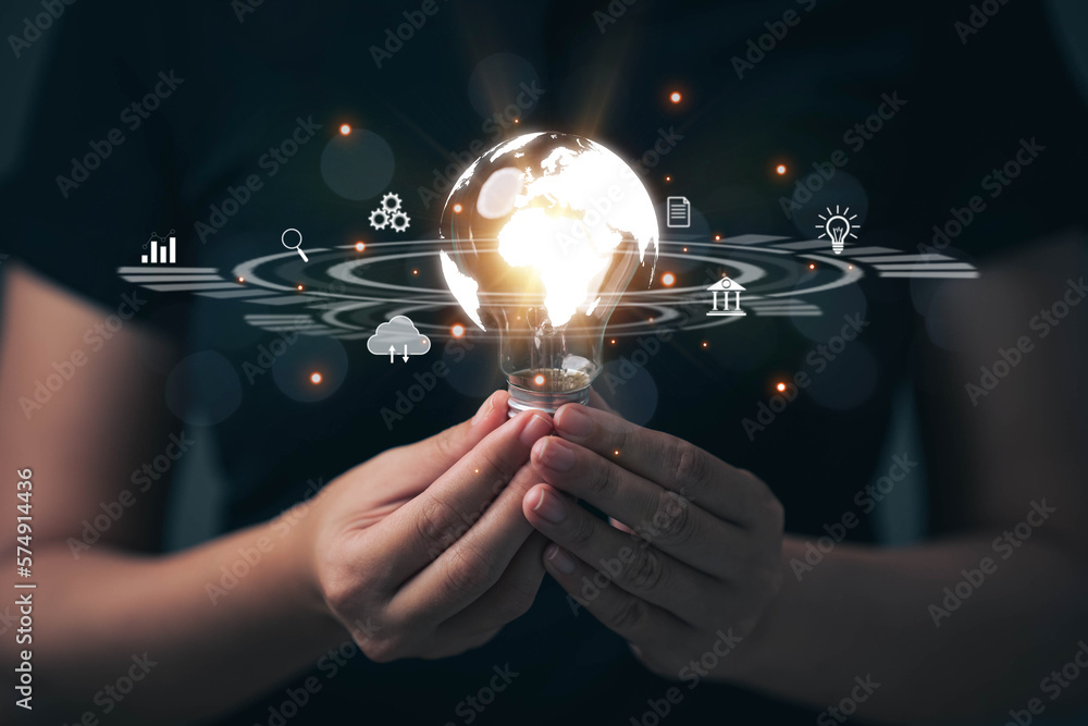 Poster light bulb in hand with glowing light. idea concept in internet technology innovation