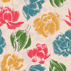 Seamless floral pattern. Bright colorful pattern with lotus flowers for fabric, textile. Hand-drawn, vector, endless.