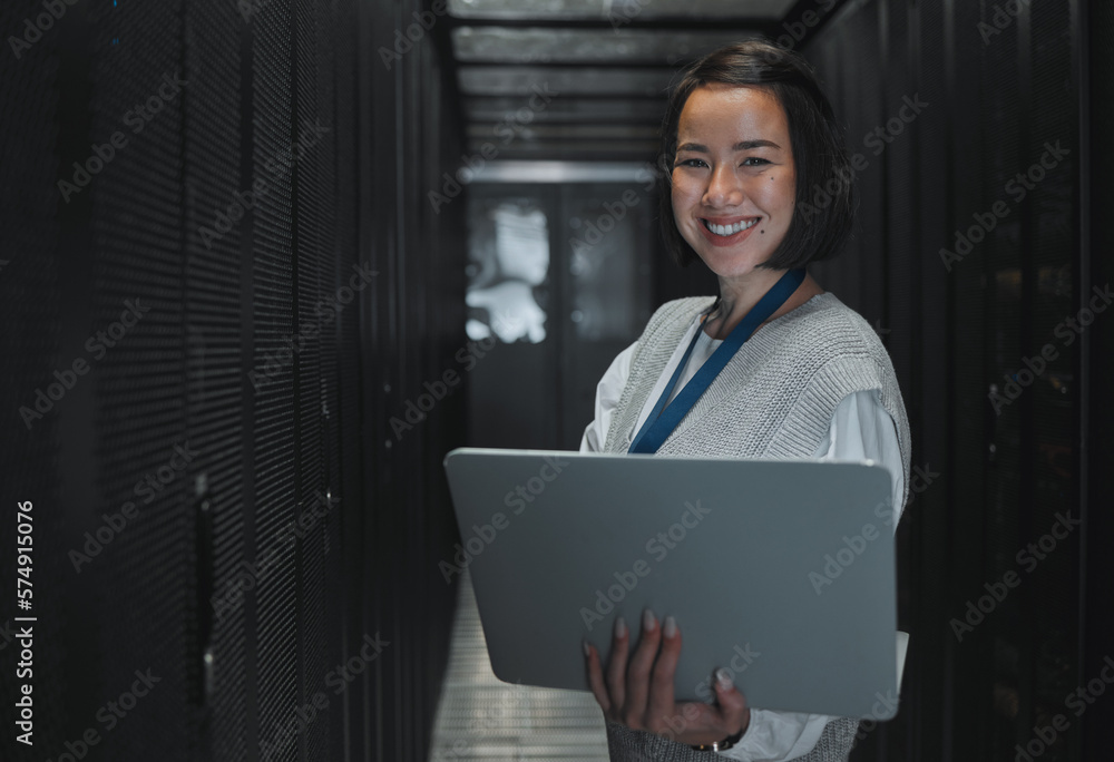 Poster Woman with laptop, server room and information technology, smile in portrait with engineer and datacenter Software update, cybersecurity and network with Asian female setting up firewall and database