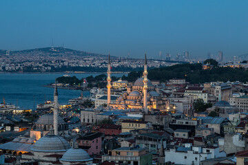 Fototapeta na wymiar Top view of Istanbul with New Mosque and Rustem Pasha Mosque in the evening. Istanbul, Turkey