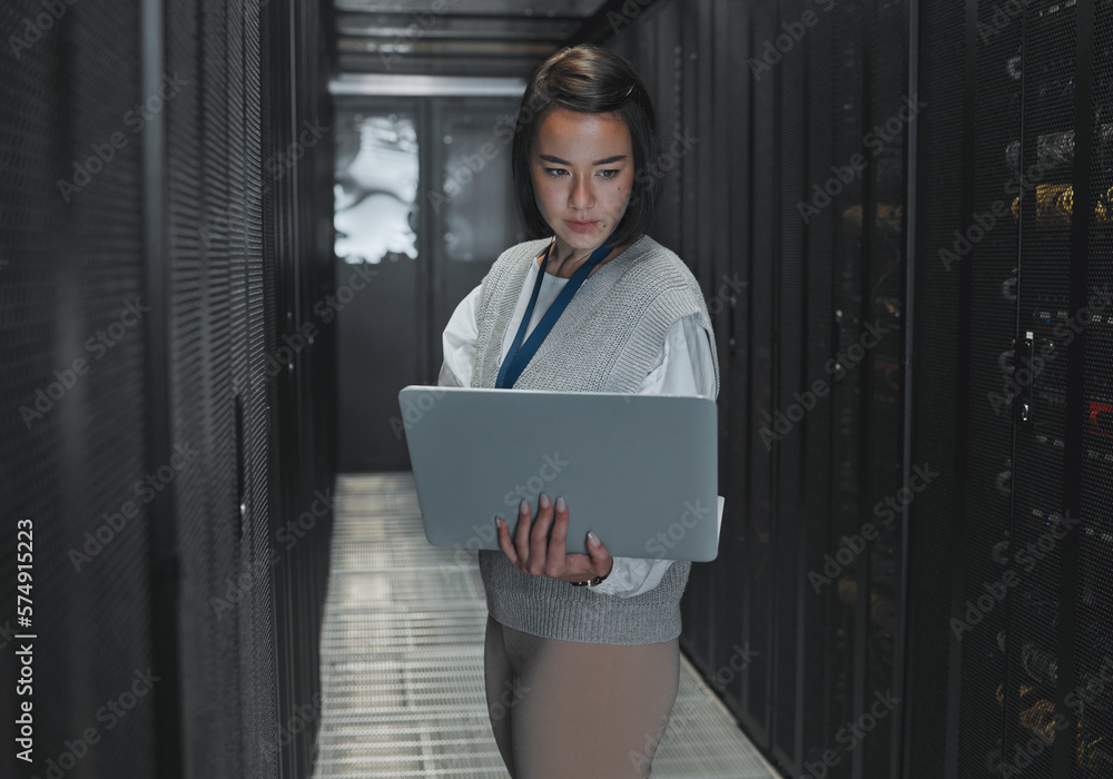Poster Woman with laptop, server room and IT, engineer and datacenter with software update and programming. Tech industry, cybersecurity and network with Asian female setting up firewall and database