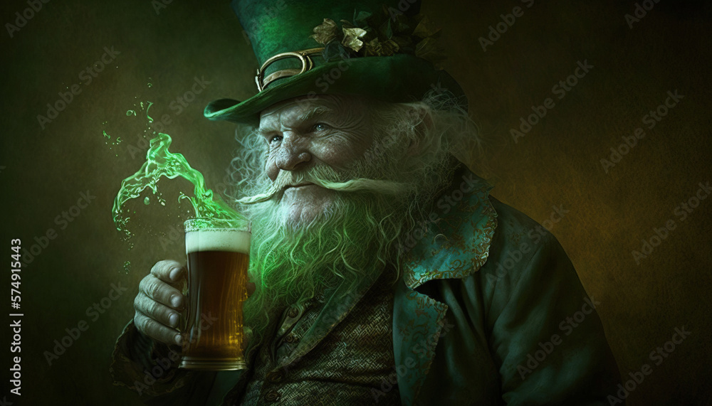 Wall mural St. Patrick's Day celebration background. Leprechaun man in green hat with beer Generative ai