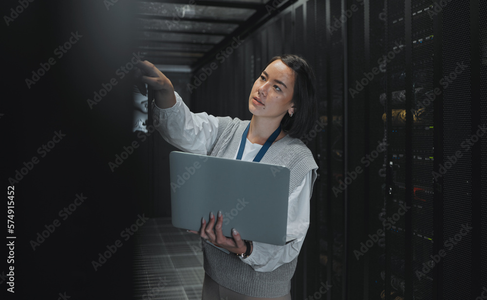Poster Laptop, maintenance or IT woman in server room for research, engineer working in data center. Computer, cybersecurity and girl programmer with tech for problem solving, diagnose or troubleshooting