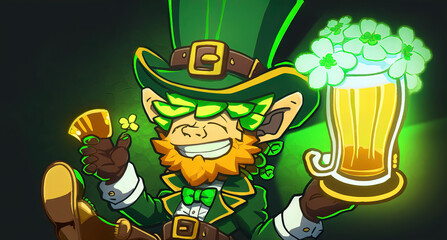 St.Patrick's Day celebration flat anime style background. Leprechaun man in green hat with green beer Generative ai