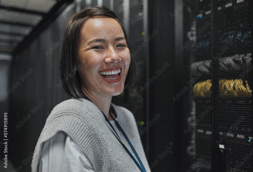 Poster woman, portrait and happy in server room with information technology, happy in job and datacenter wi