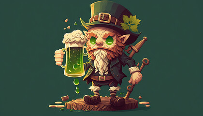 St.Patrick's Day celebration flat anime style background. Leprechaun man in green hat with green beer Generative ai