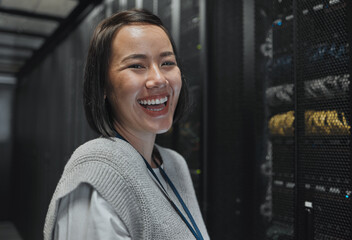 Woman, portrait and happy in server room with information technology, happy in job and datacenter...