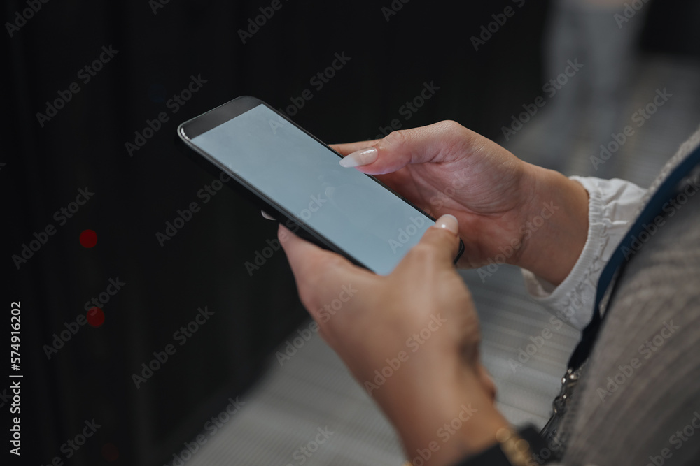 Poster phone screen, mockup or it woman hands in data center on research, communication or typing in server