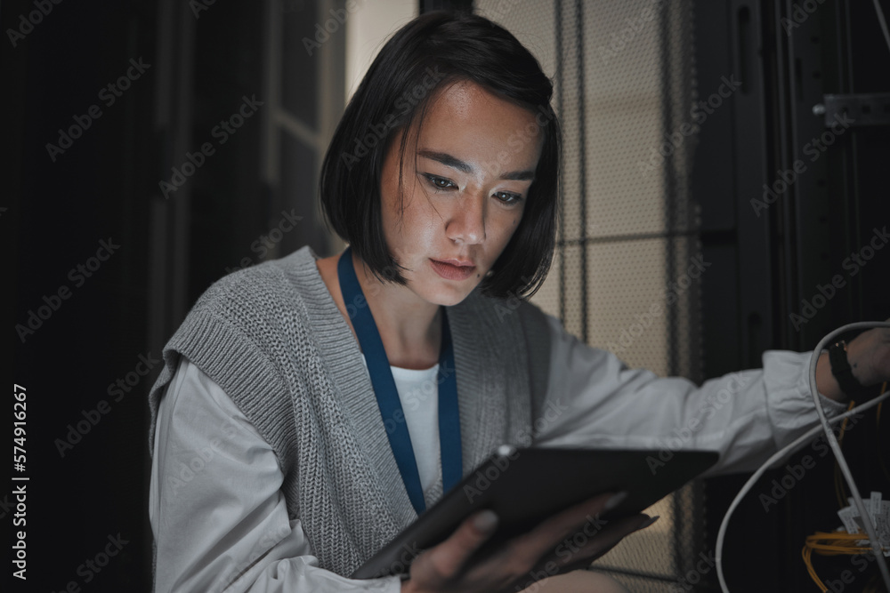 Fototapete Tablet, server room and communication with a programmer asian woman at work on a computer mainframe. Software, database and information technology with a female coder working alone on a cyber network
