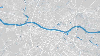 Vistula river map, Warsaw city, Poland. Watercourse, water flow, blue on grey background road map. Vector illustration.