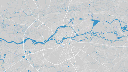 Oder river map, Wroclaw city, Poland. Watercourse, water flow, blue on grey background road map. Vector illustration.