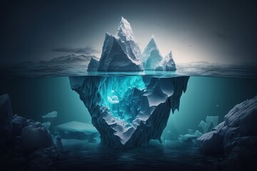 Obraz premium Iceberg in clear blue water and hidden danger under water. Iceberg and global warming concept. Floating ice in ocean